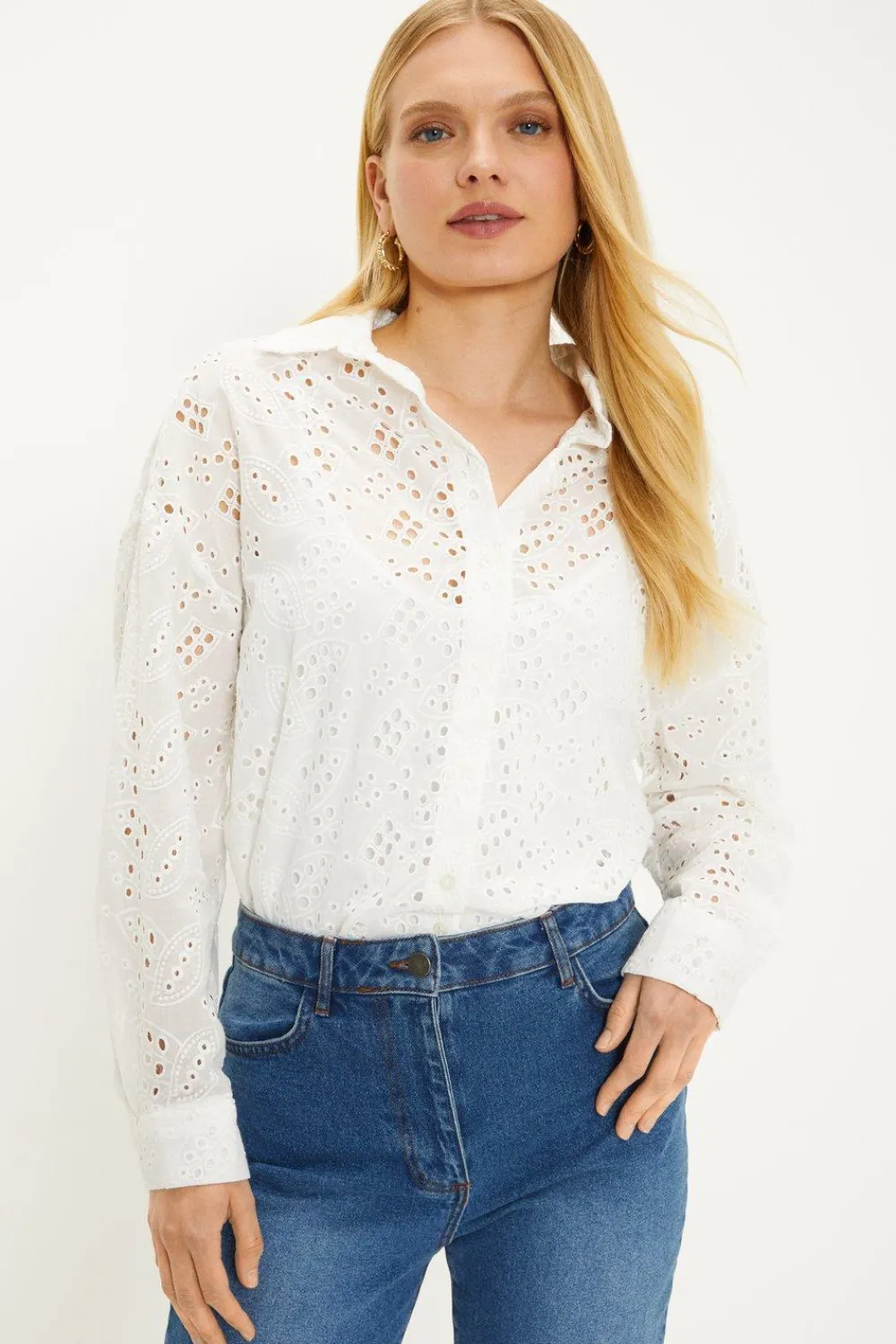 Discount Oasis Broderie Button Through Shirt White