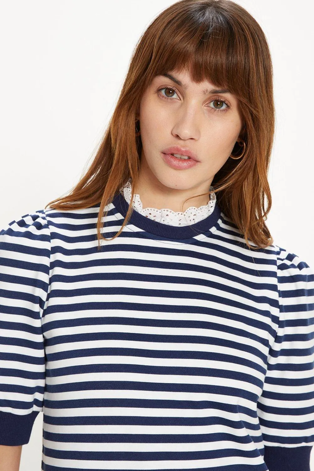 Outlet Oasis Broderie Collar Short Sleeve Stripe Sweatshirt Navy