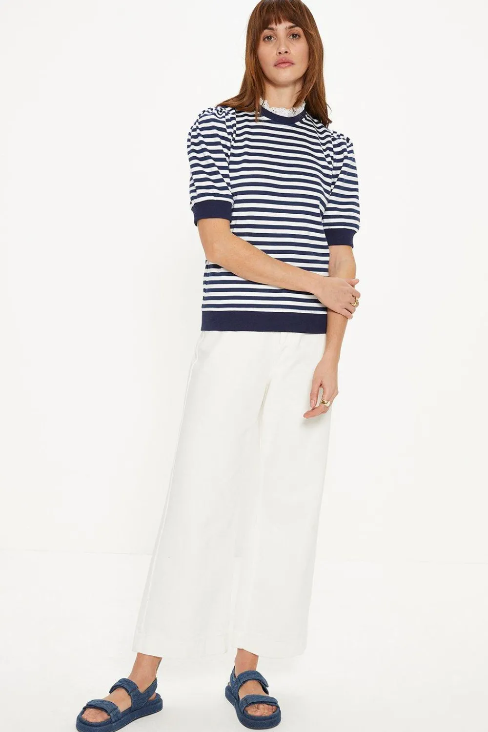 Outlet Oasis Broderie Collar Short Sleeve Stripe Sweatshirt Navy