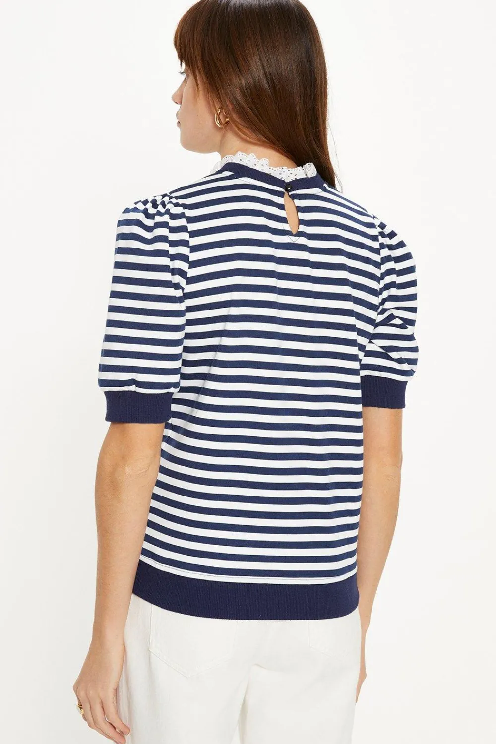 Outlet Oasis Broderie Collar Short Sleeve Stripe Sweatshirt Navy