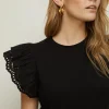 Discount Oasis Broderie Frill Sleeve T-Shirt Black