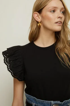 Discount Oasis Broderie Frill Sleeve T-Shirt Black