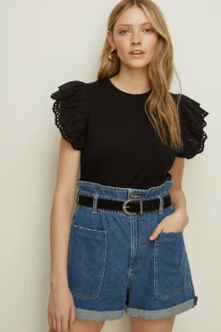 Discount Oasis Broderie Frill Sleeve T-Shirt Black