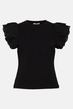 Discount Oasis Broderie Frill Sleeve T-Shirt Black