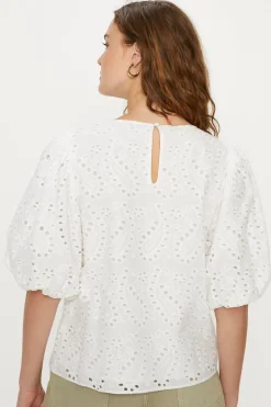 Clearance Oasis Broderie Puff Sleeve Top White