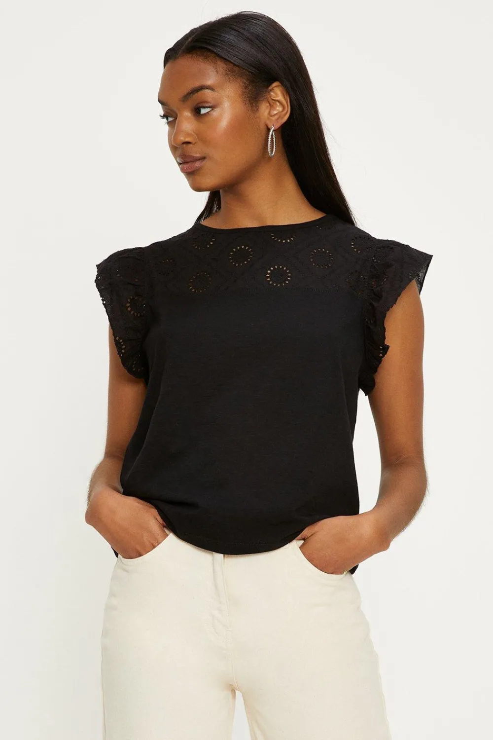 Hot Oasis Broderie Yoke And Frill Sleeve Slub Black