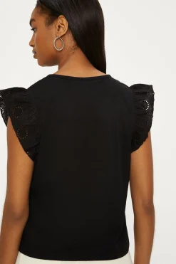 Hot Oasis Broderie Yoke And Frill Sleeve Slub Black