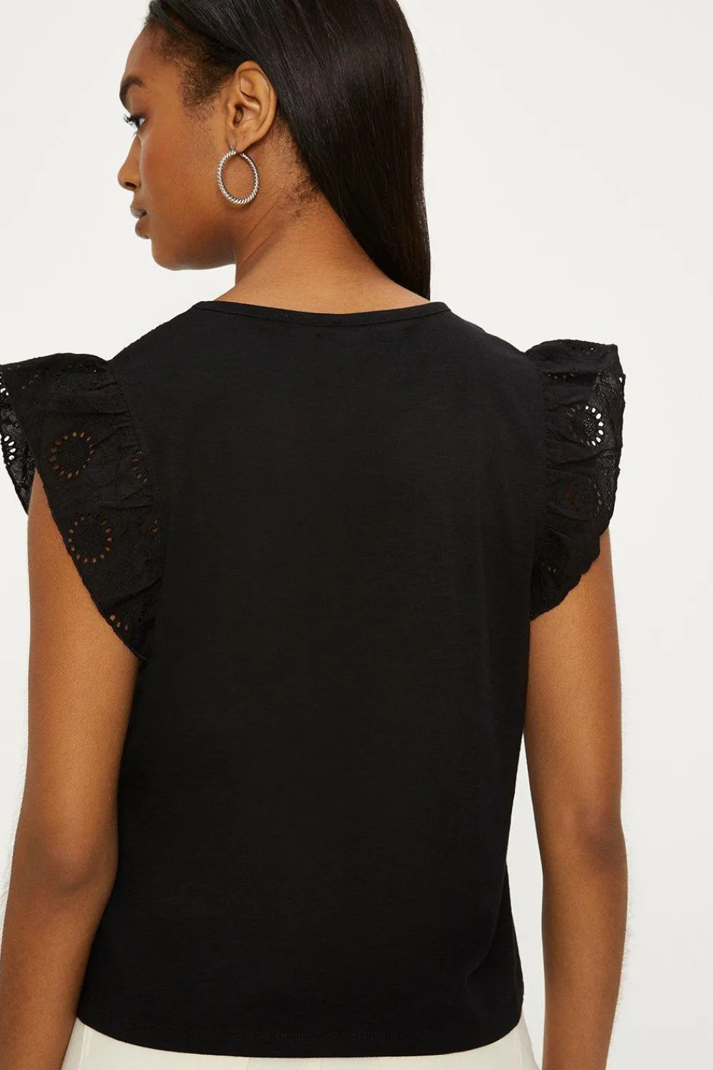 Hot Oasis Broderie Yoke And Frill Sleeve Slub Black