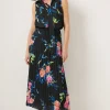 Hot Oasis Brushstroke Floral Sleeveless Pussybow Dress Black