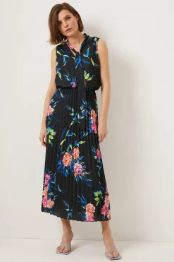 Hot Oasis Brushstroke Floral Sleeveless Pussybow Dress Black