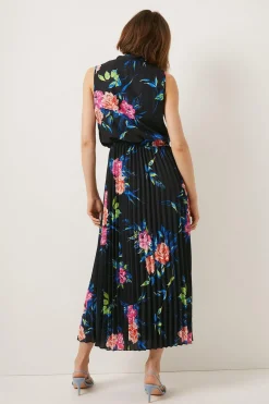 Hot Oasis Brushstroke Floral Sleeveless Pussybow Dress Black