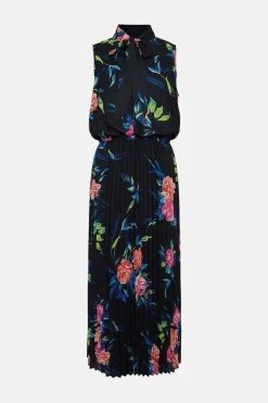Hot Oasis Brushstroke Floral Sleeveless Pussybow Dress Black