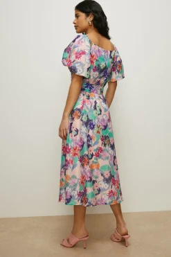 Hot Oasis Busy Daisy Printed Bardot Midi Dress Light Pink