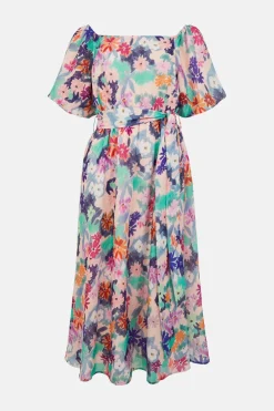 Hot Oasis Busy Daisy Printed Bardot Midi Dress Light Pink