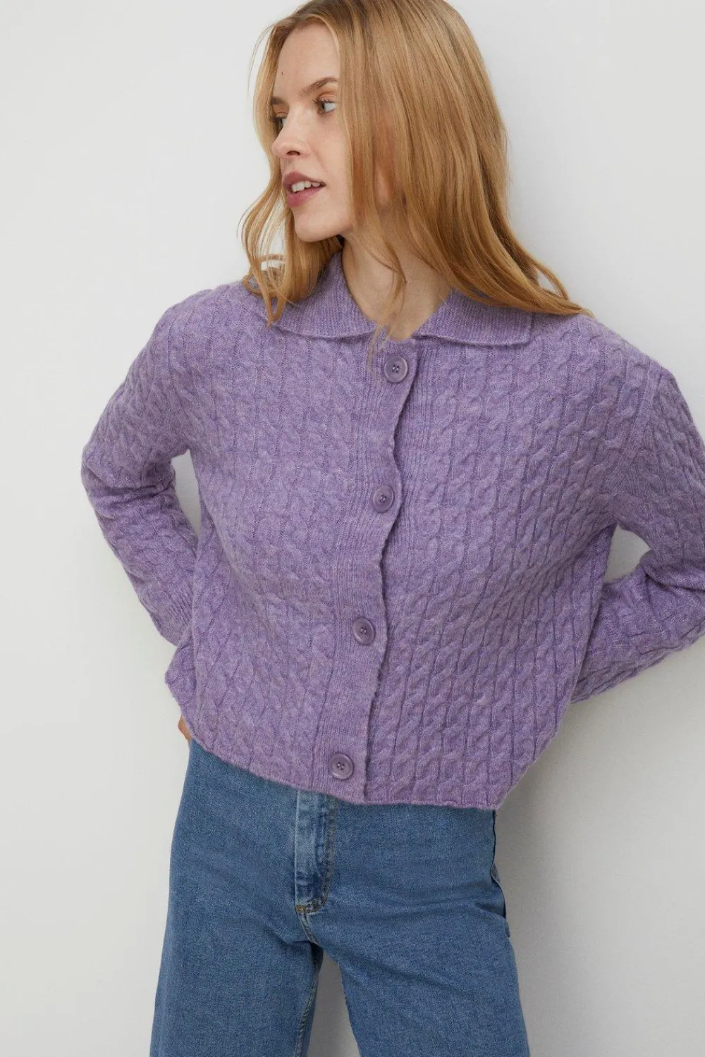 Hot Oasis Button Detail Cable Detail Crop Cardigan Pale Orange