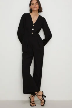 Hot Oasis Button Detail Crepe Jumpsuit Black