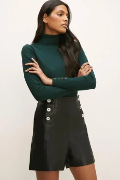 Best Oasis Button Front Leather Short Black
