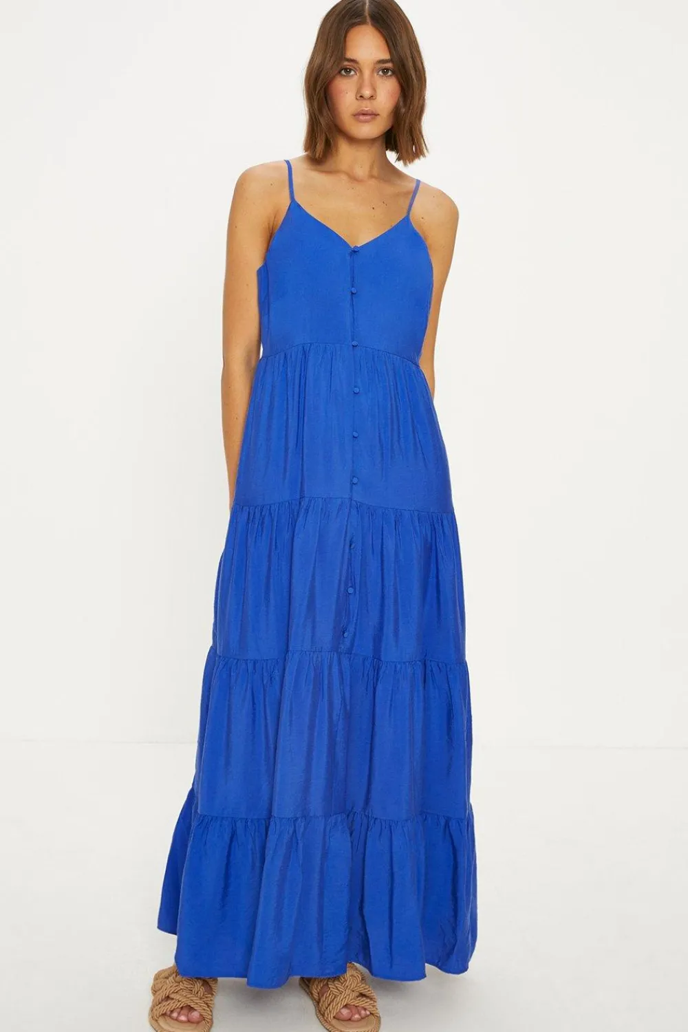 Fashion Oasis Button Front Textured Tiered Maxi Dress Cobalt