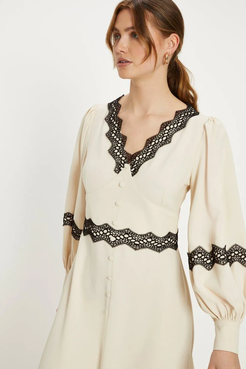 Discount Oasis Button Through Lace Detail Midi Dress Ecru
