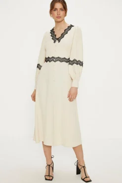 Discount Oasis Button Through Lace Detail Midi Dress Ecru