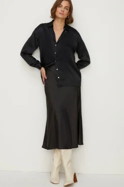 Outlet Oasis Button Through Long Sleeve Satin Shirt Black