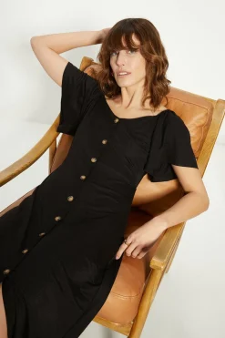 New Oasis Button Through Pique Angel Sleeve Midi Dress Black