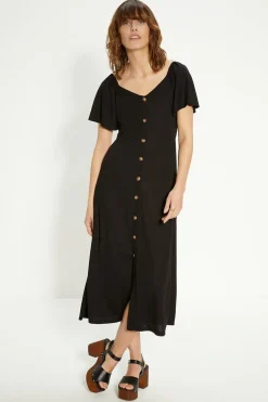 New Oasis Button Through Pique Angel Sleeve Midi Dress Black