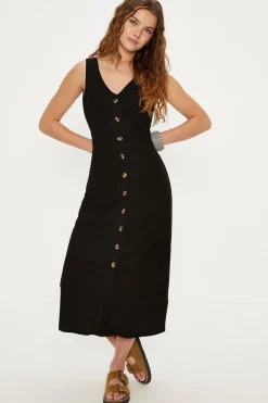 Hot Oasis Button Through Pique Midi Dress Black