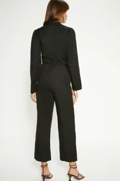 Clearance Oasis Button Through Tie Waist Tencel Jumspuit Black