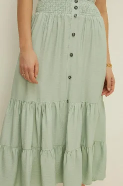 New Oasis Button Through Tiered Midi Skirt Sage