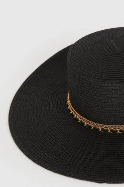 New Oasis Chain Detail Straw Floppy Hat Black