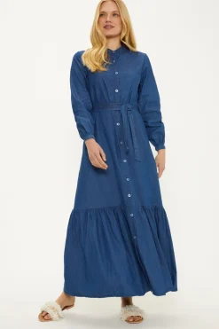 Hot Oasis Chambray Belted Button Through Midi Dress Blue