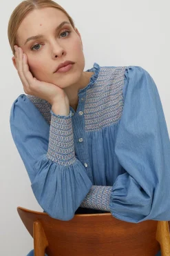 New Oasis Chambray Multi Colour Smocked Shirt Dress Pale Wash
