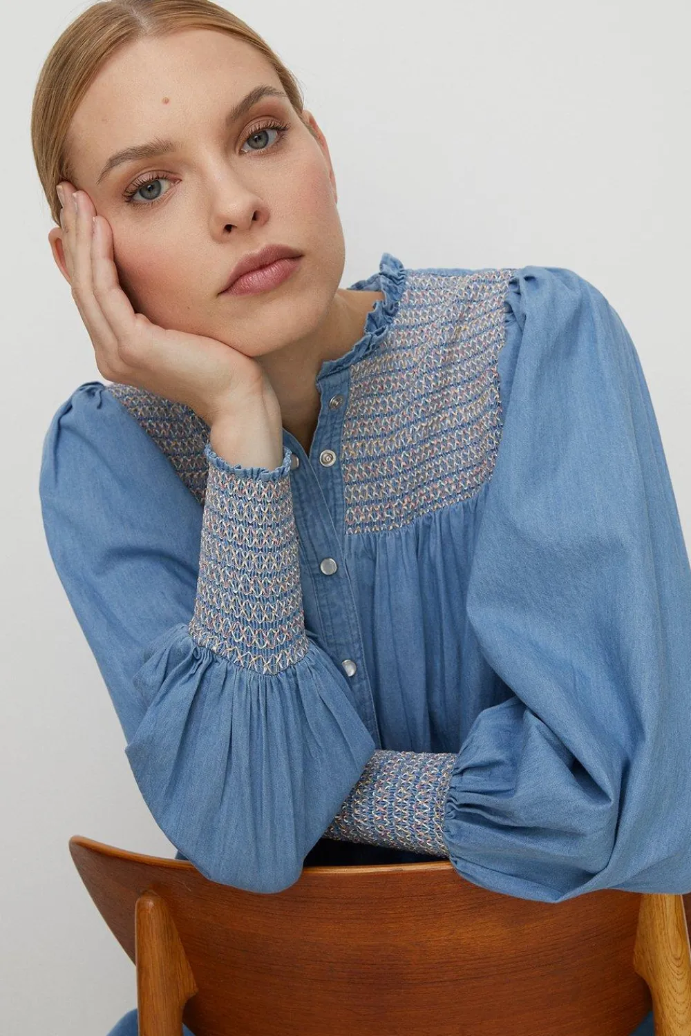 New Oasis Chambray Multi Colour Smocked Shirt Dress Pale Wash