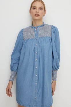 New Oasis Chambray Multi Colour Smocked Shirt Dress Pale Wash