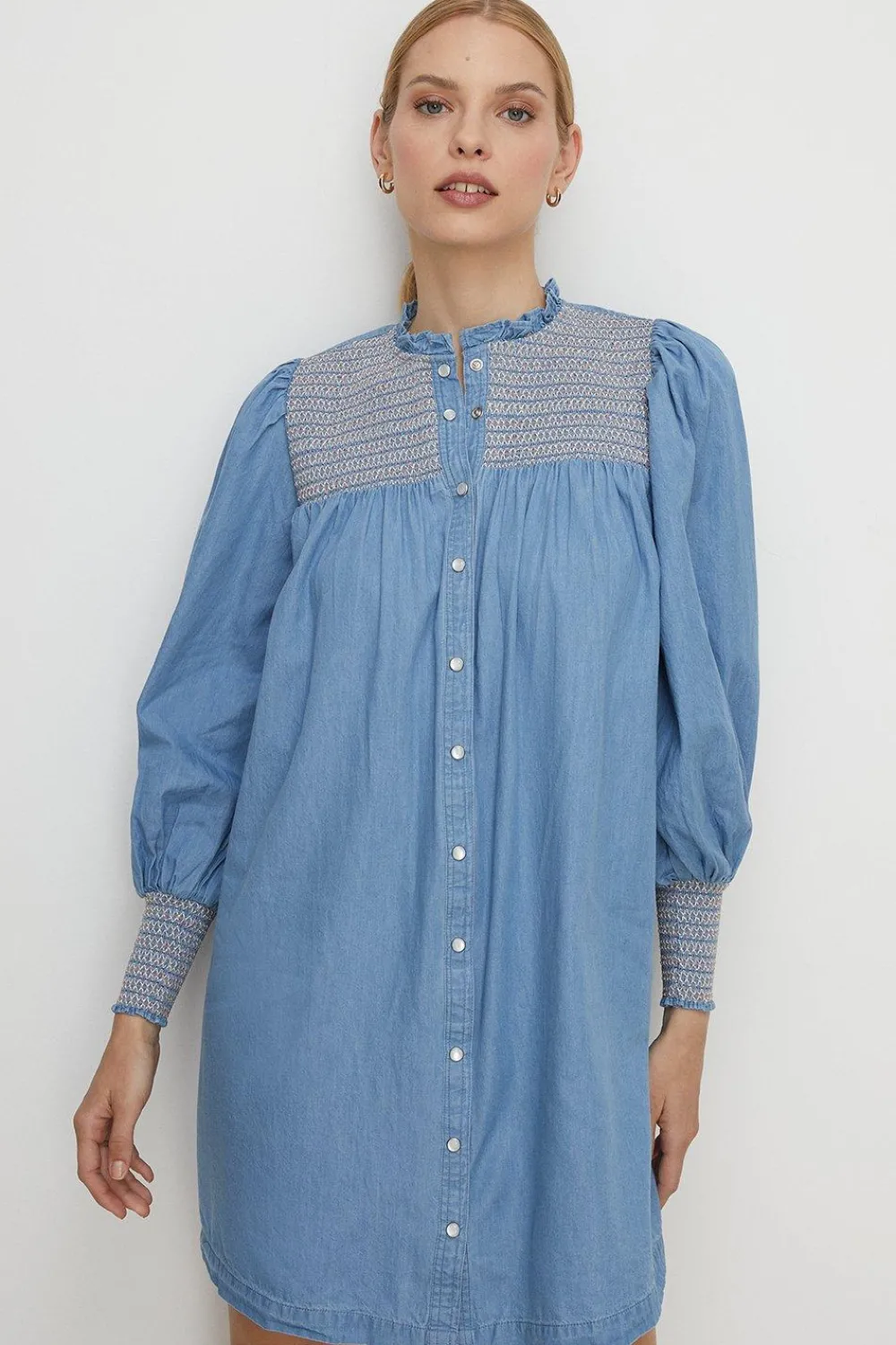 New Oasis Chambray Multi Colour Smocked Shirt Dress Pale Wash