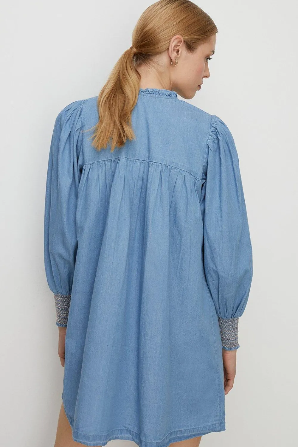 New Oasis Chambray Multi Colour Smocked Shirt Dress Pale Wash