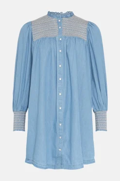 New Oasis Chambray Multi Colour Smocked Shirt Dress Pale Wash