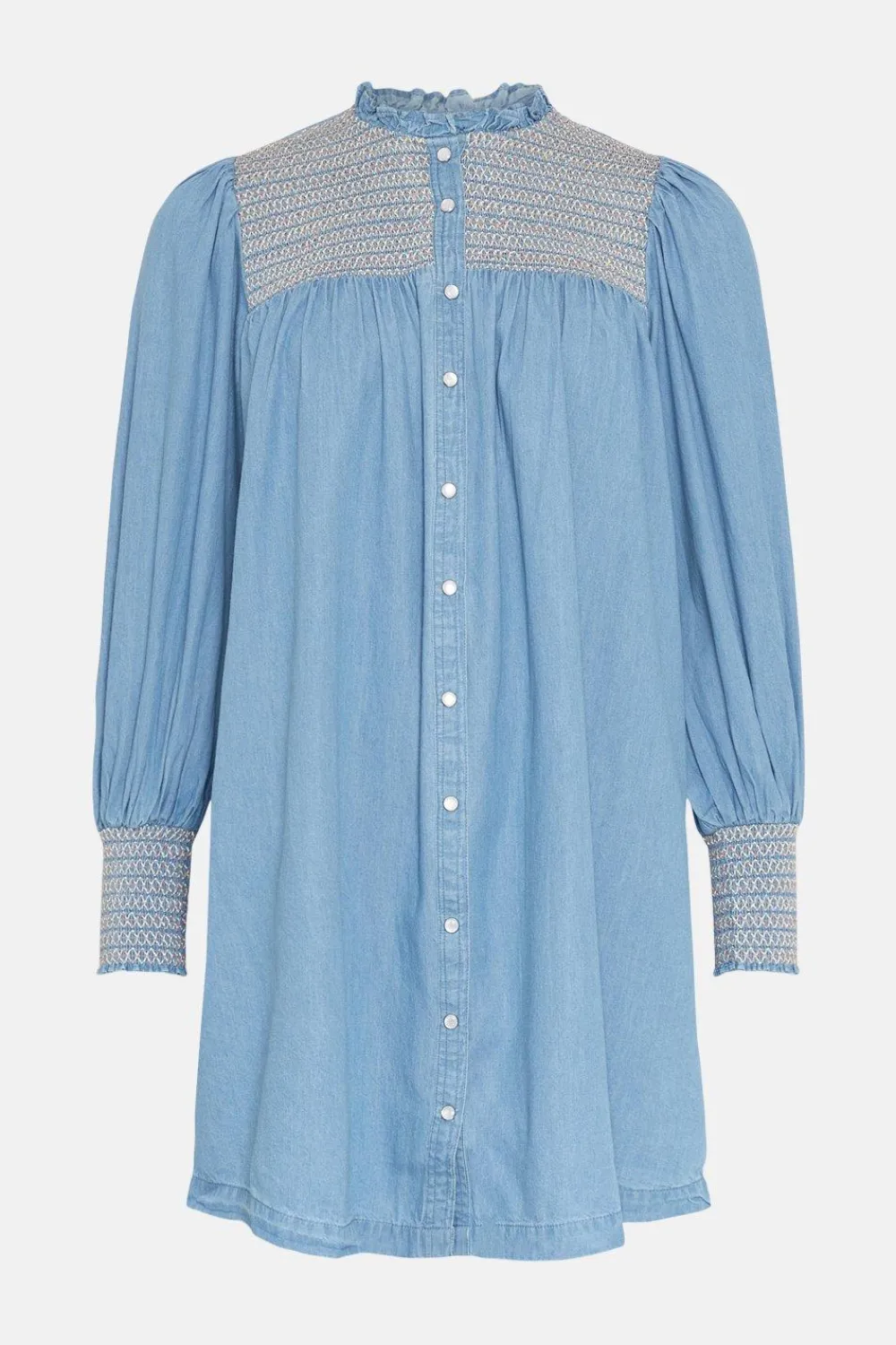 New Oasis Chambray Multi Colour Smocked Shirt Dress Pale Wash