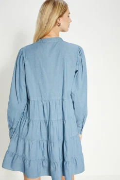 Outlet Oasis Chambray Pintuck Midi Dress Mid Wash