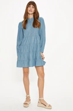 Clearance Oasis Chambray Pintuck Mini Dress Mid Wash