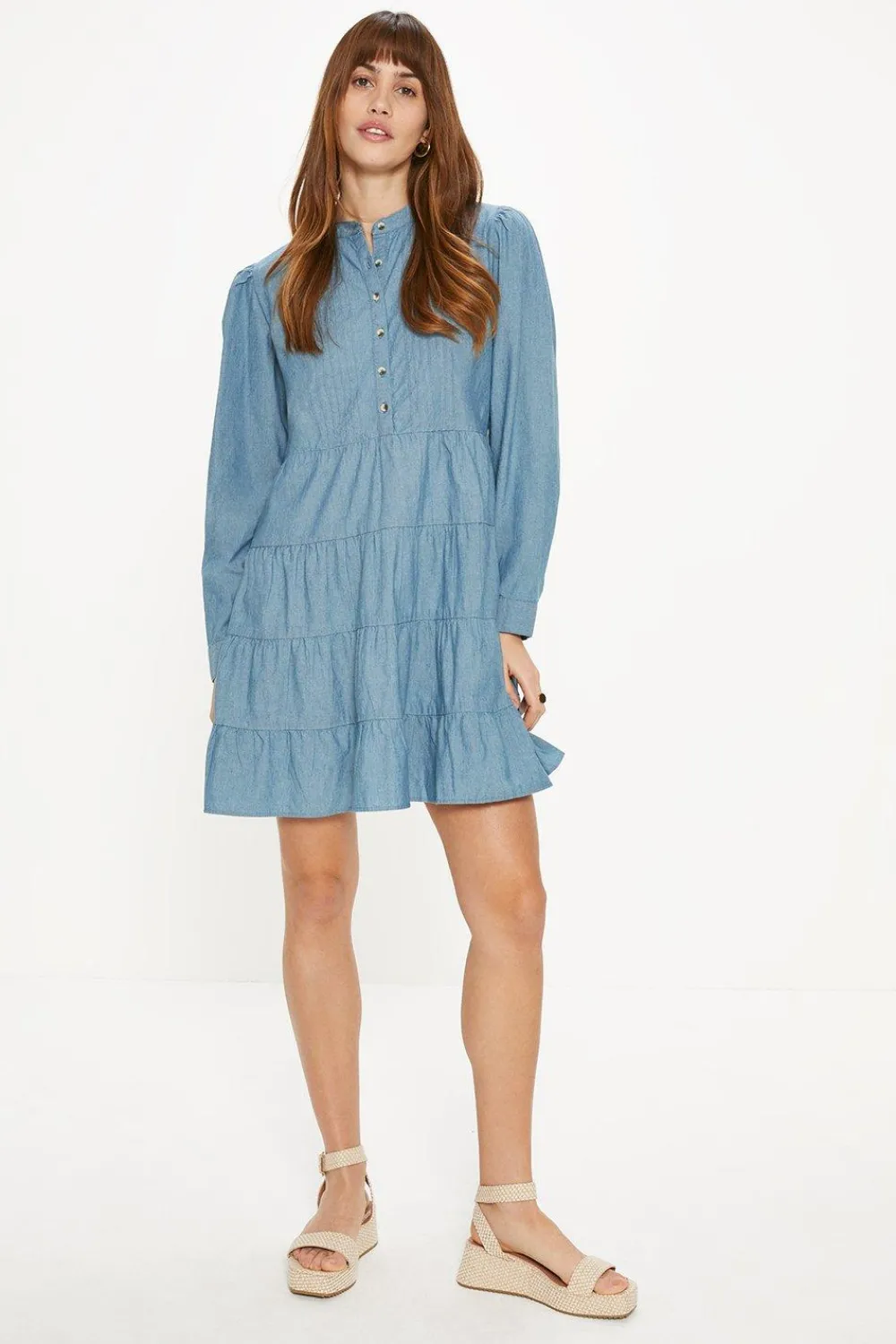 Clearance Oasis Chambray Pintuck Mini Dress Mid Wash
