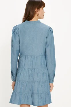 Clearance Oasis Chambray Pintuck Mini Dress Mid Wash