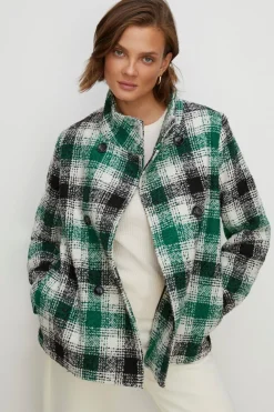 Hot Oasis Check Collared Top Stitch Detail Short Coat Green