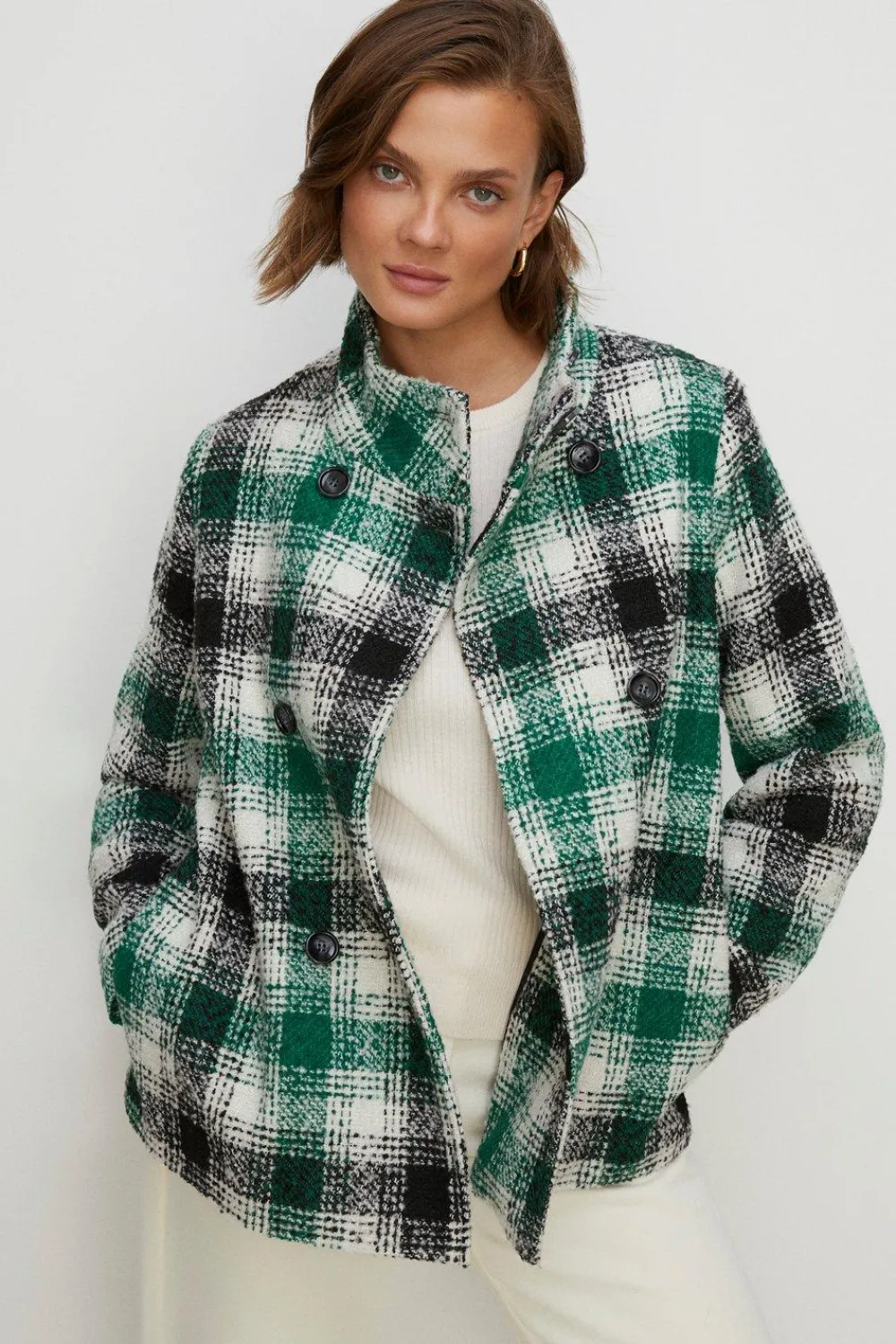 Hot Oasis Check Collared Top Stitch Detail Short Coat Green