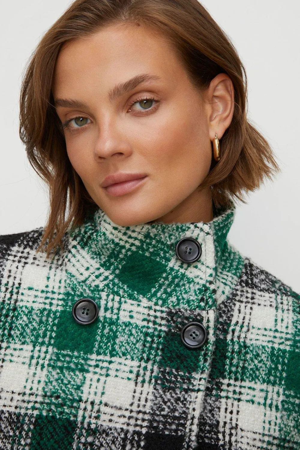 Hot Oasis Check Collared Top Stitch Detail Short Coat Green