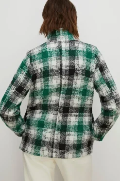 Hot Oasis Check Collared Top Stitch Detail Short Coat Green