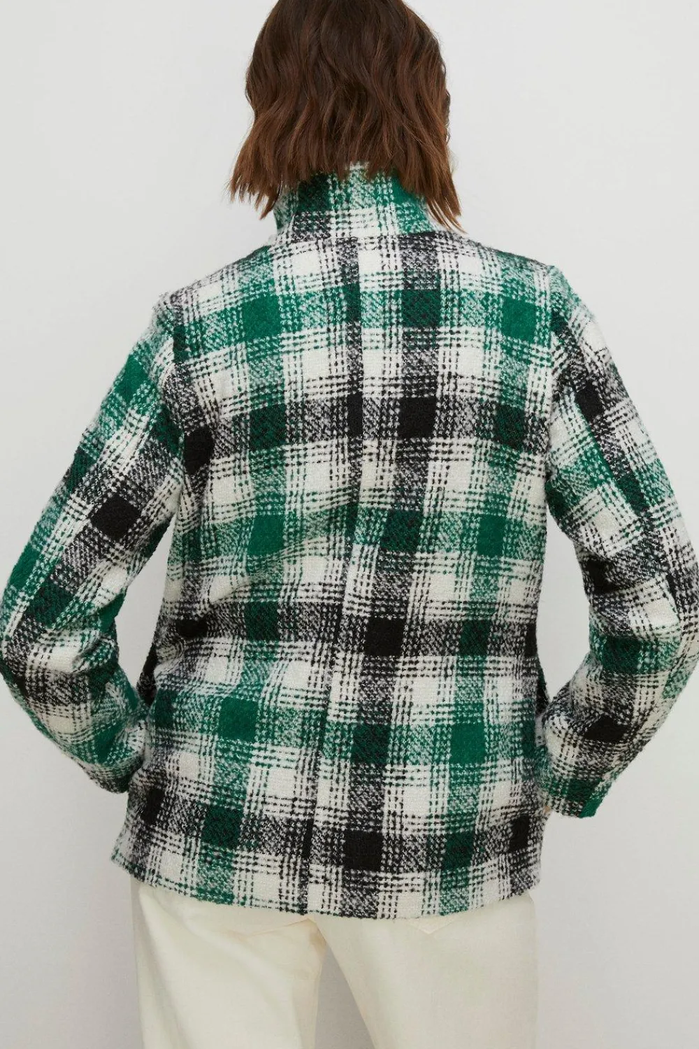 Hot Oasis Check Collared Top Stitch Detail Short Coat Green