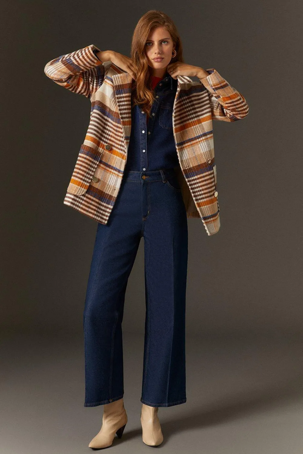 Hot Oasis Check Double Breasted Pea Coat Brown