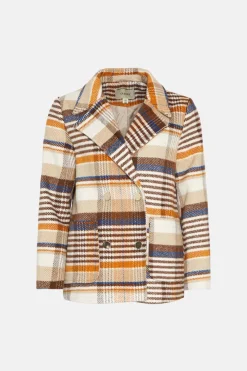 Hot Oasis Check Double Breasted Pea Coat Brown